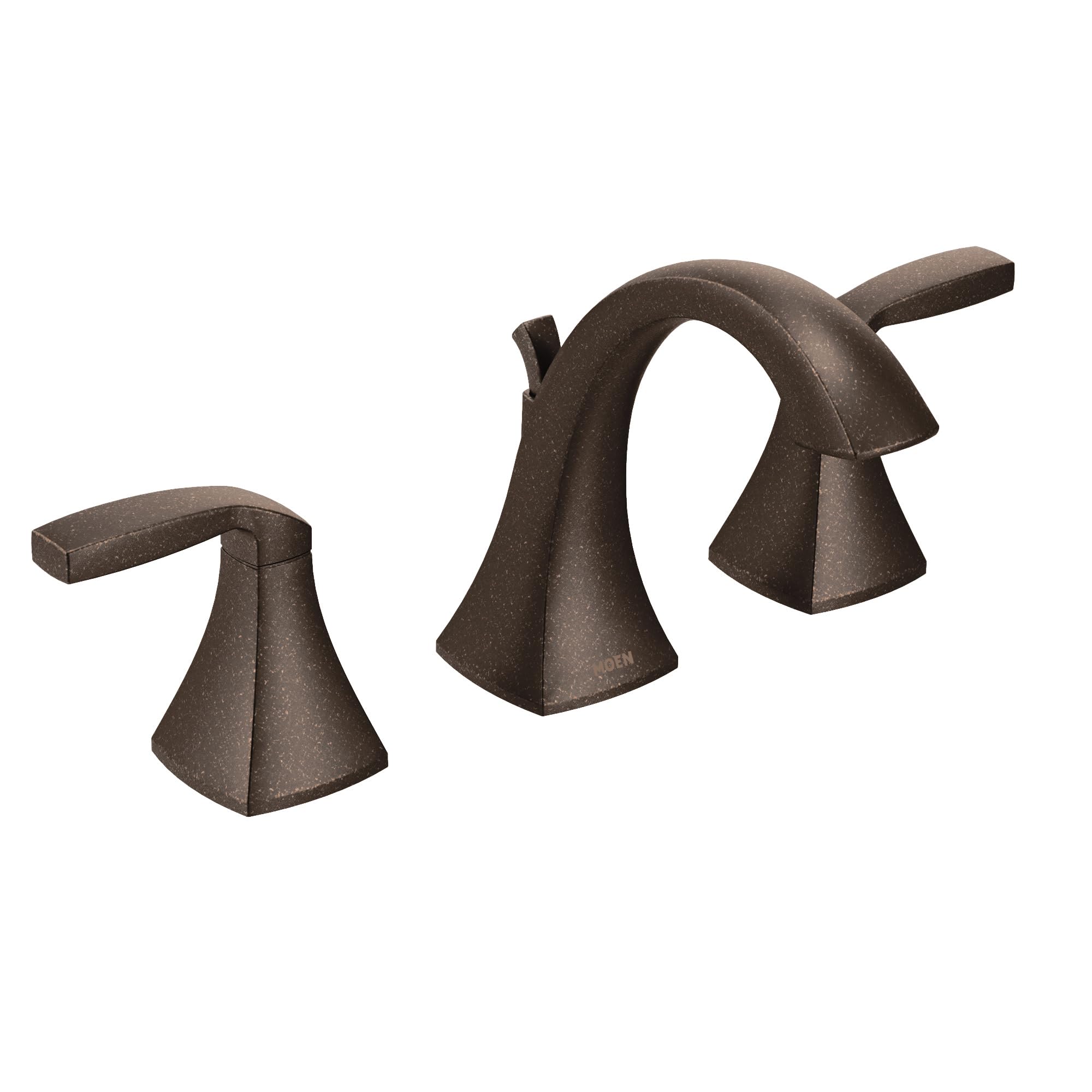 Oil rubbed bronze two-handle widespread bathroom sink faucet with curved spout and lever handles.
