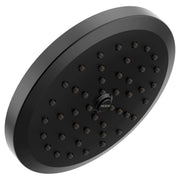 Matte black round showerhead with multiple spray jets and Moen branding in center.