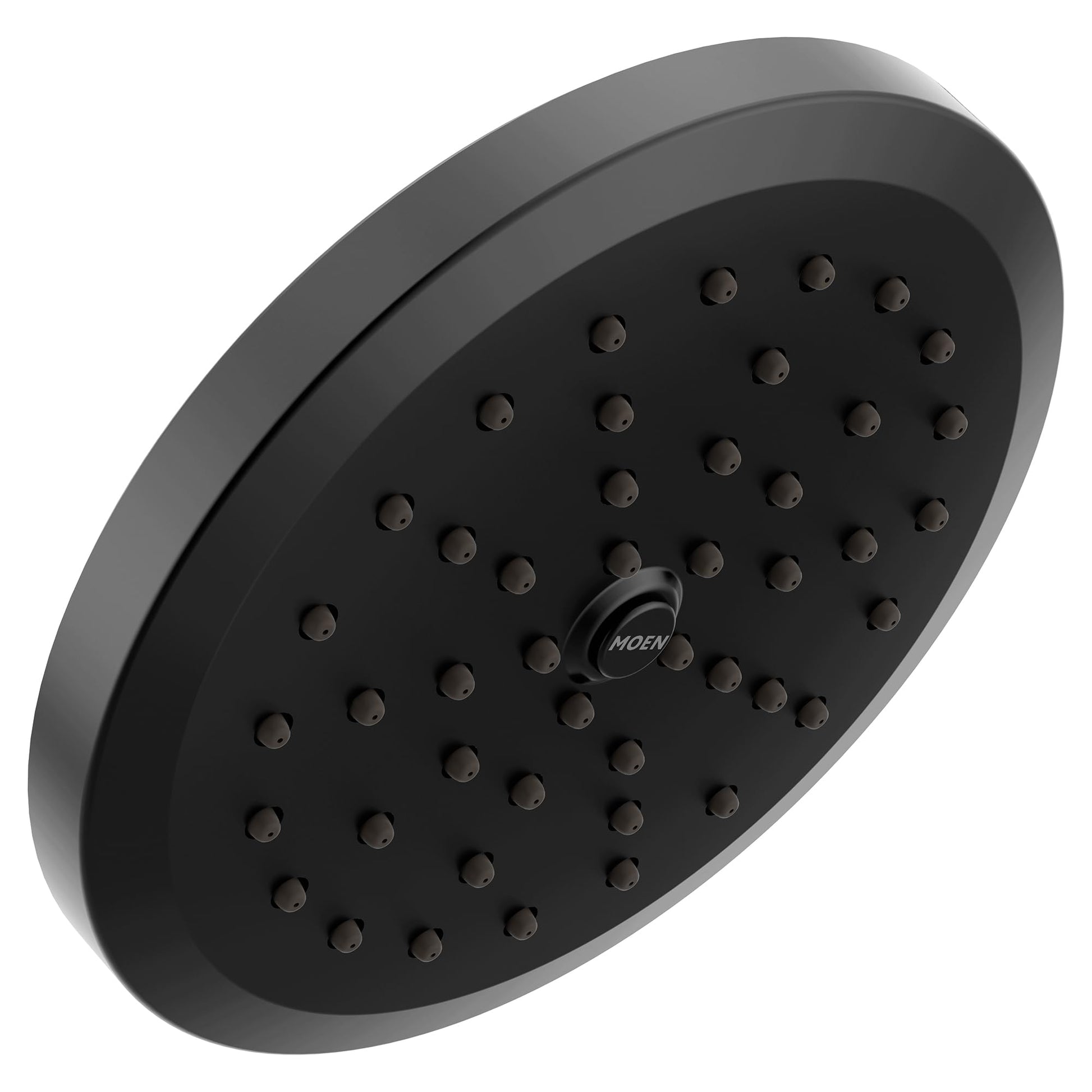 Matte black round showerhead with multiple spray jets and Moen branding in center.