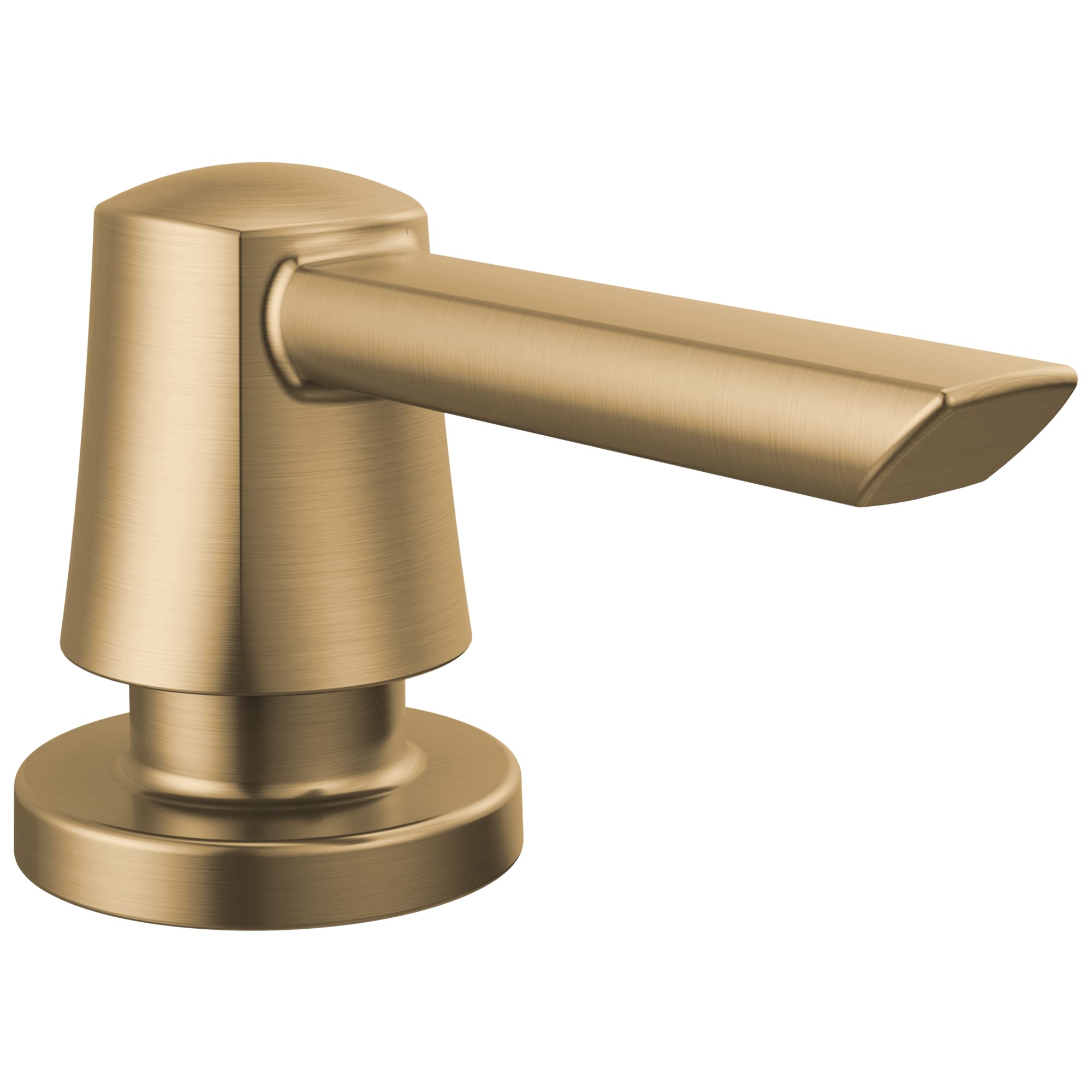 Champagne bronze metal soap dispenser with cylindrical pump body and curved spout on circular base.