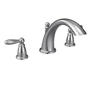 Chrome roman tub faucet with two handles and curved spout for deck mount installation.