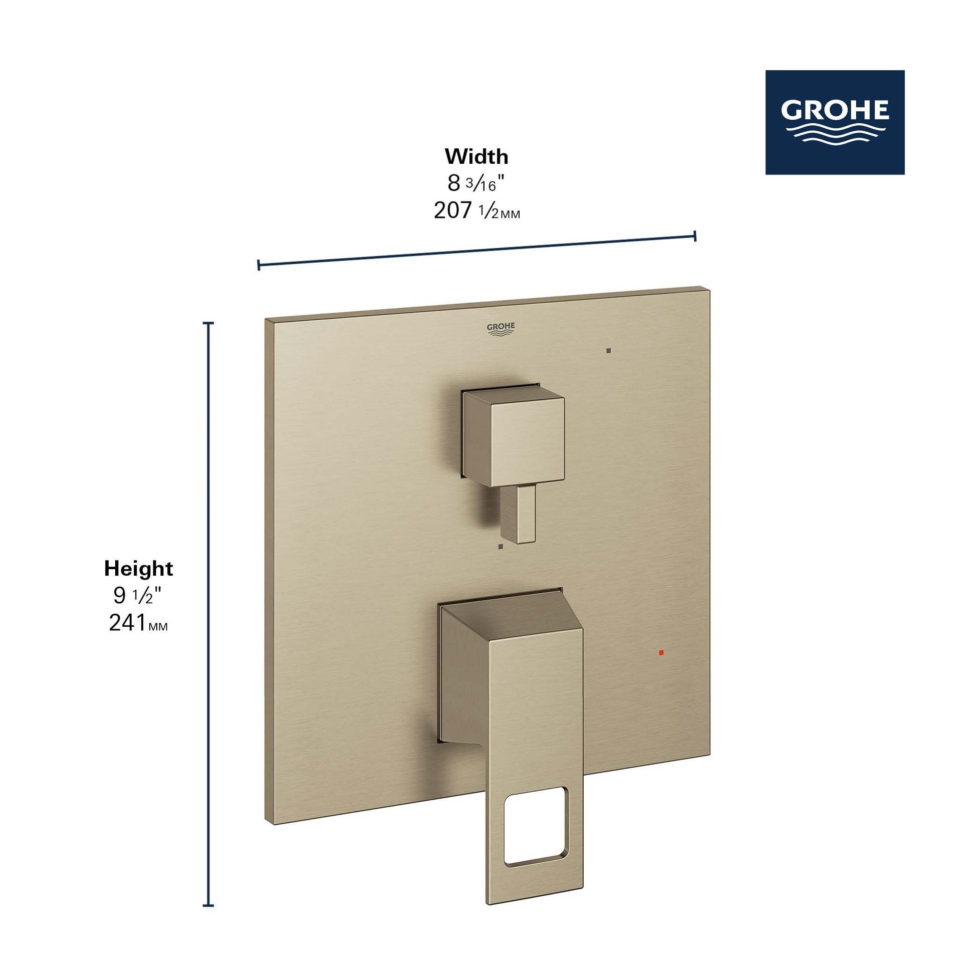 Grohe Eurocube brushed nickel pressure balance shower valve with square escutcheon plate and control handles.