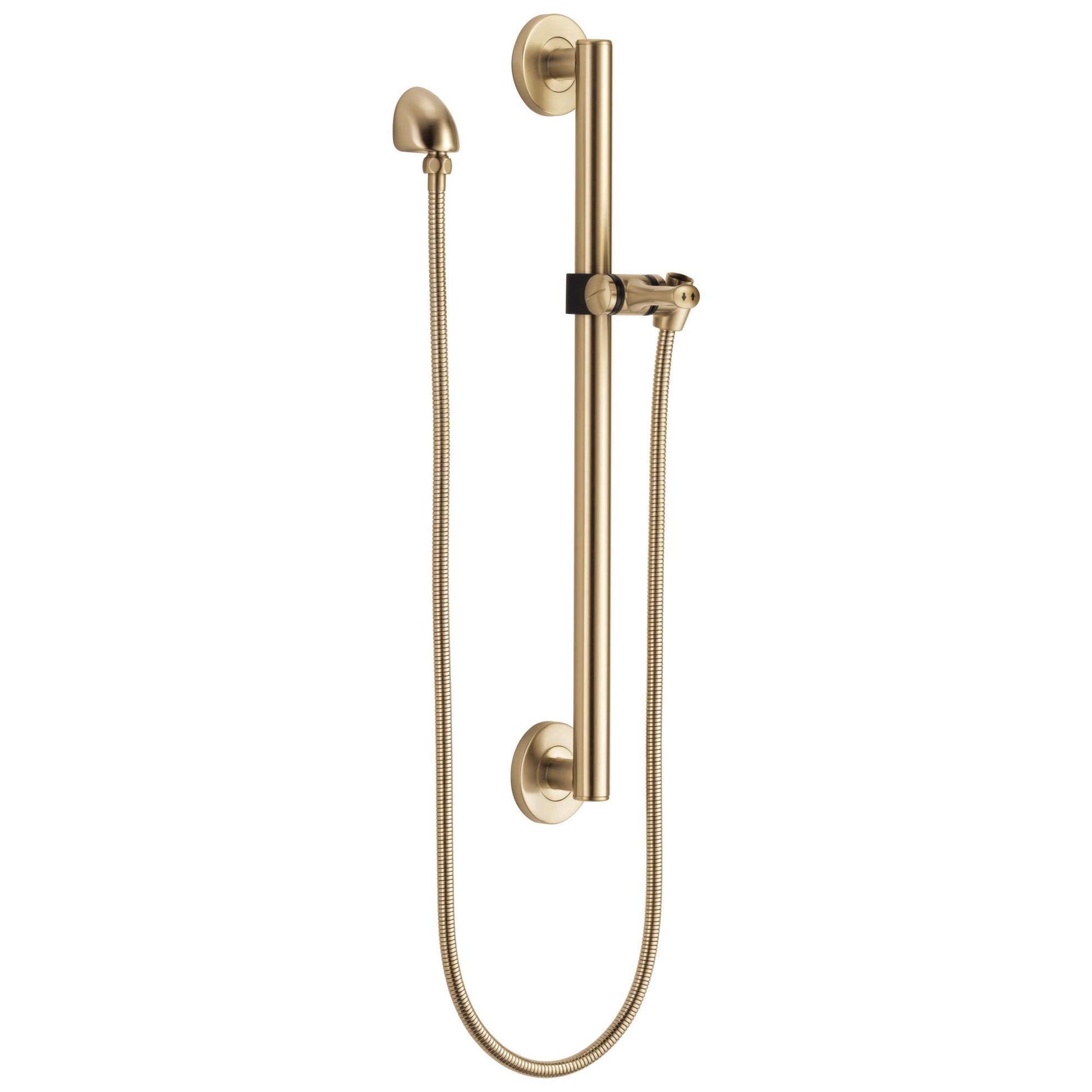 Brushed gold slide bar assembly with vertical rail, adjustable holder, handheld showerhead, and flexible hose.