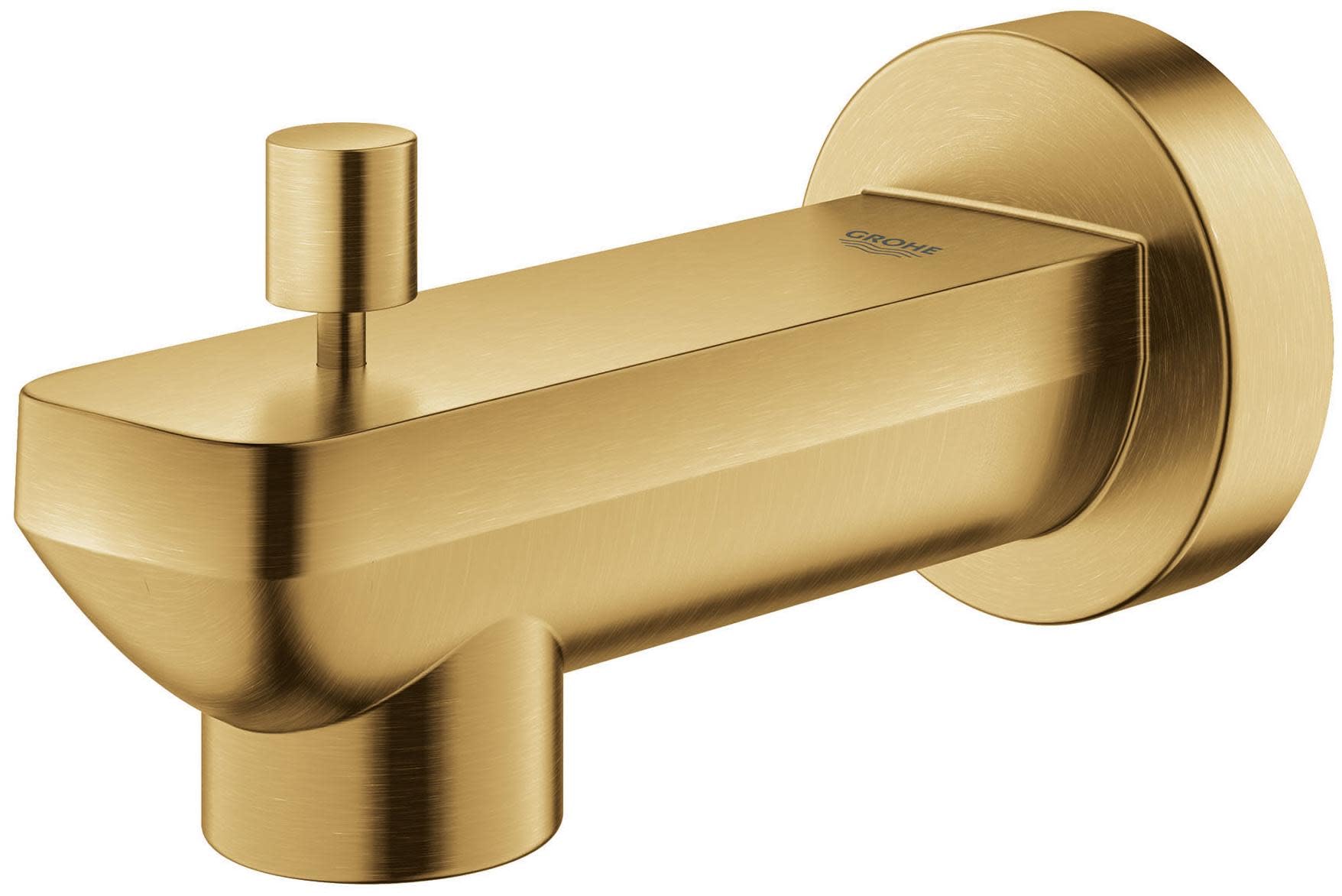 Brushed brass diverter tub spout with cylindrical handle and wall-mounted round flange.