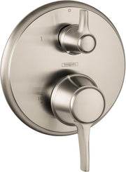 Brushed nickel round pressure balance trim with diverter valve, featuring upper lever handle and lower circular knob control.