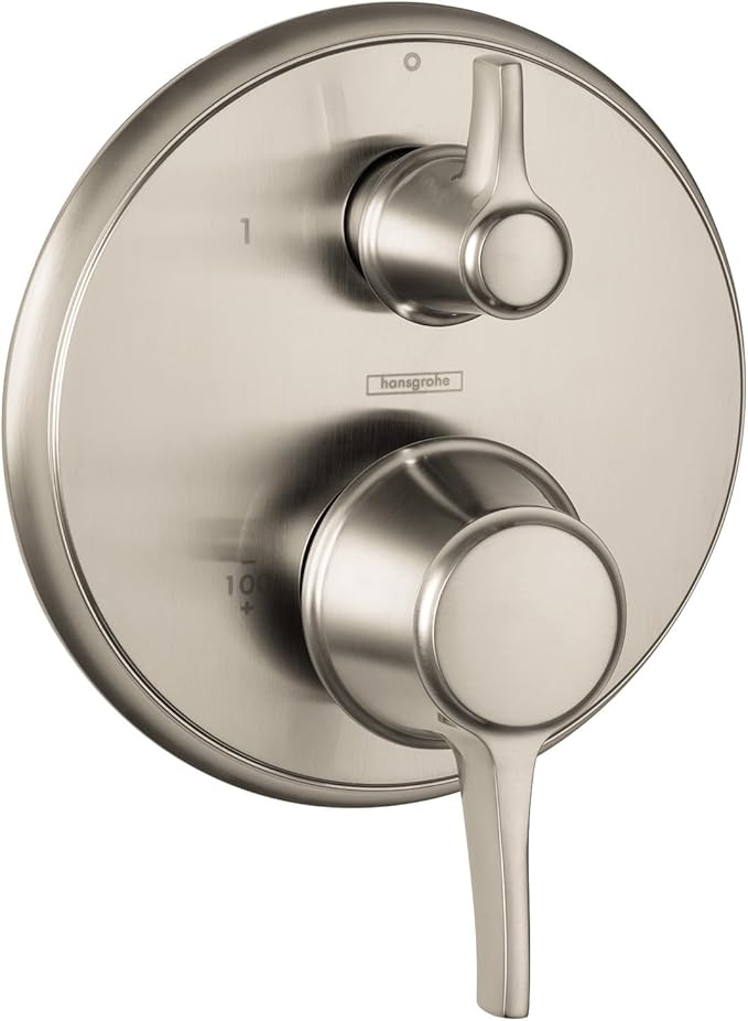 Brushed nickel round pressure balance trim with diverter valve, featuring upper lever handle and lower circular knob control.