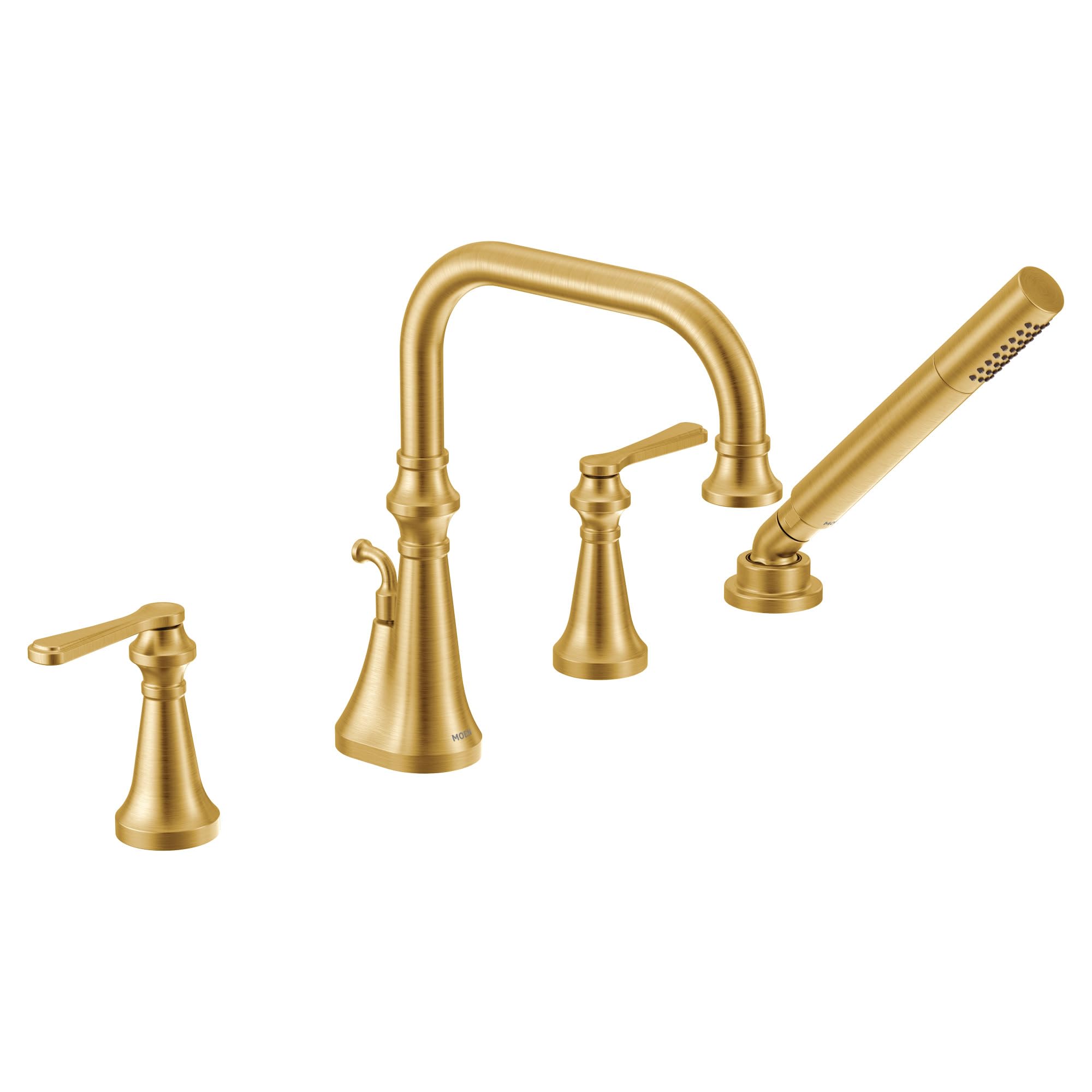 Brushed gold Roman tub faucet with two lever handles, curved spout, and detachable handheld showerhead.