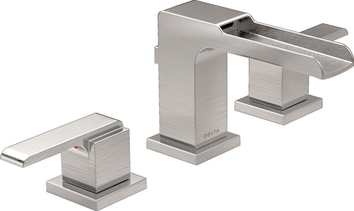 Brushed nickel two-handle widespread bathroom faucet with rectangular spout and matching pop-up drain assembly.
