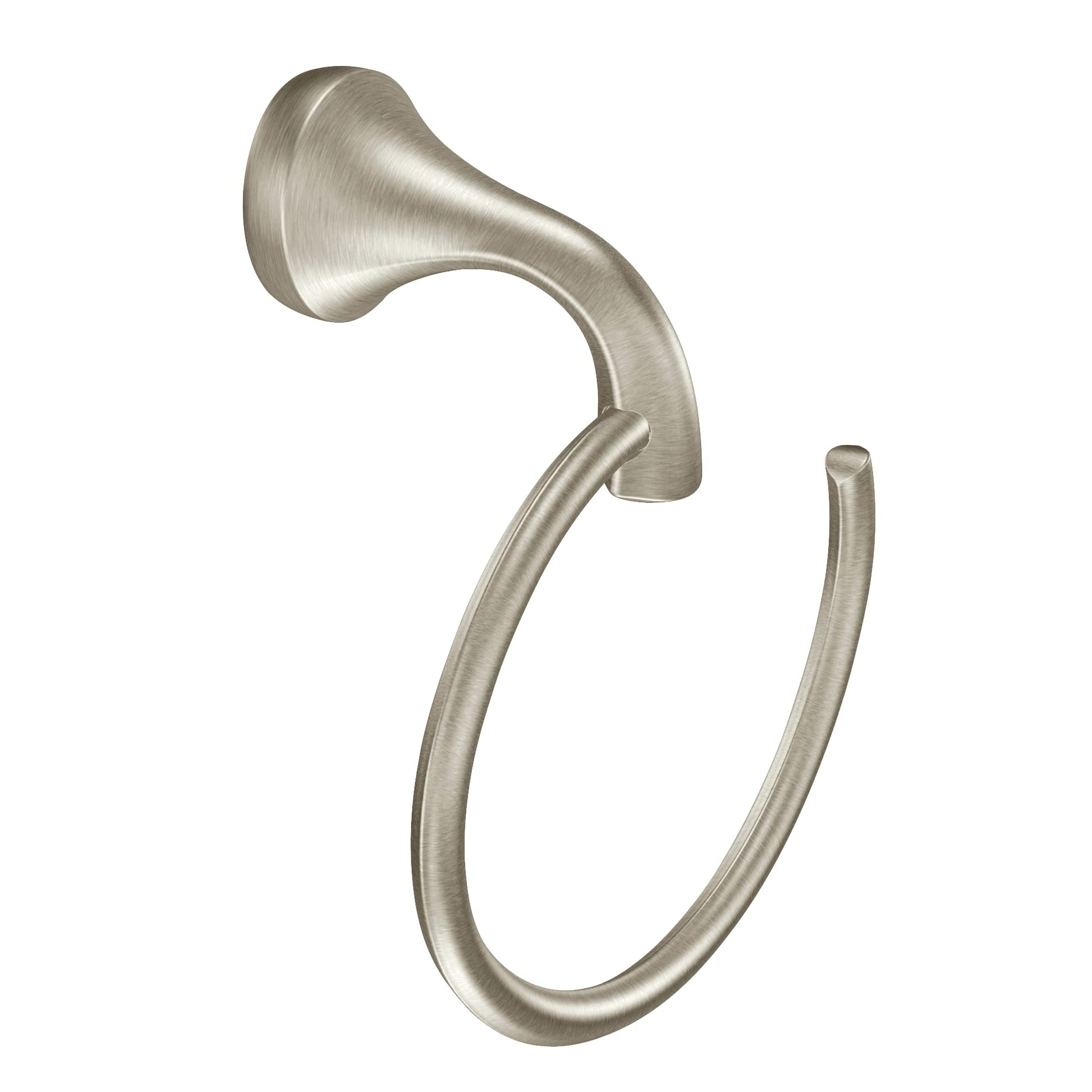 Brushed nickel wall-mounted towel ring with curved hook design and circular ring base.