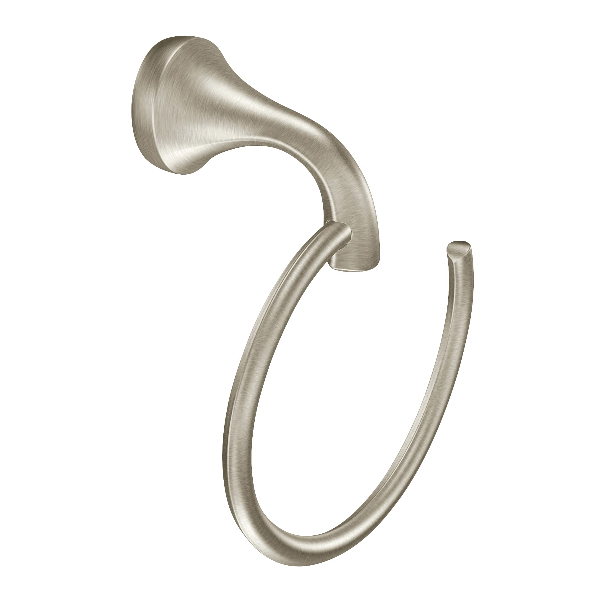 Brushed nickel wall-mounted towel ring with curved hook design and circular ring base.