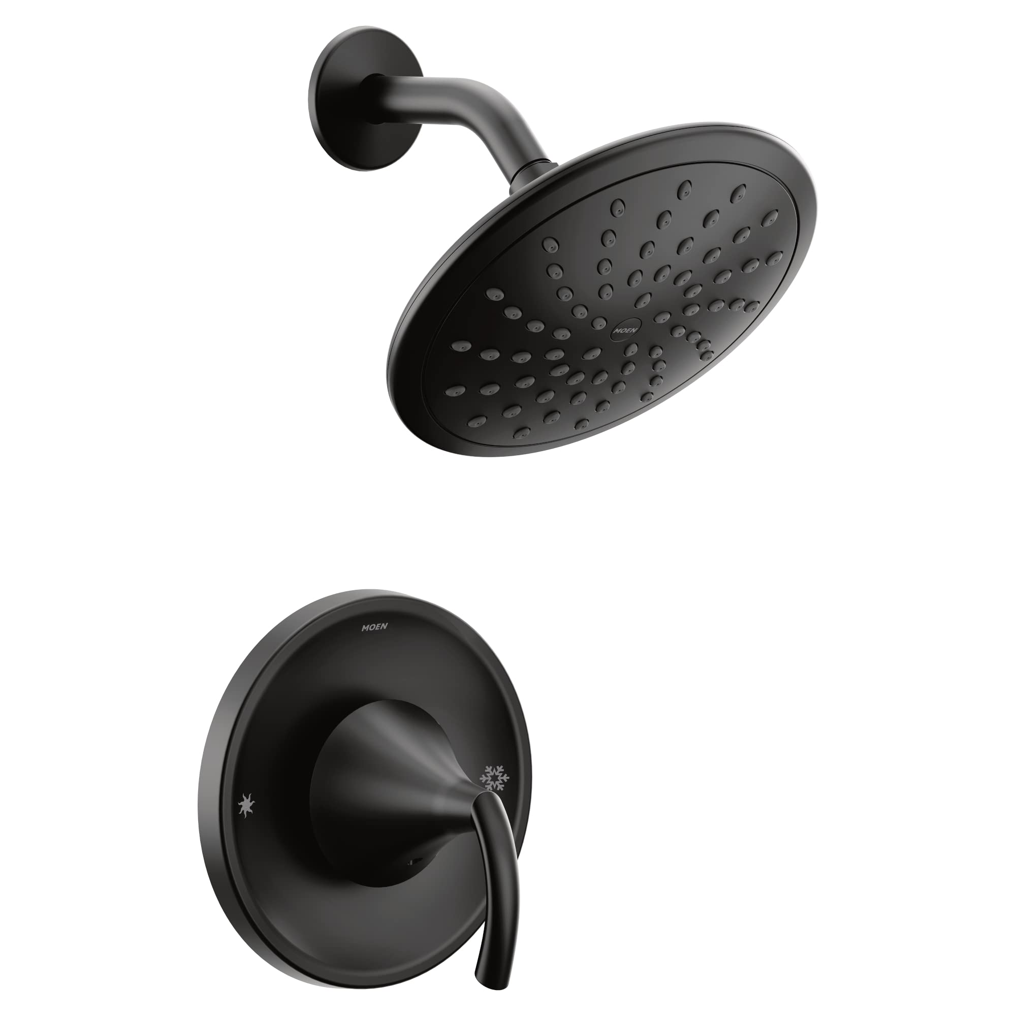 Matte black rainshower showerhead with curved arm and matching round trim plate with single lever handle.