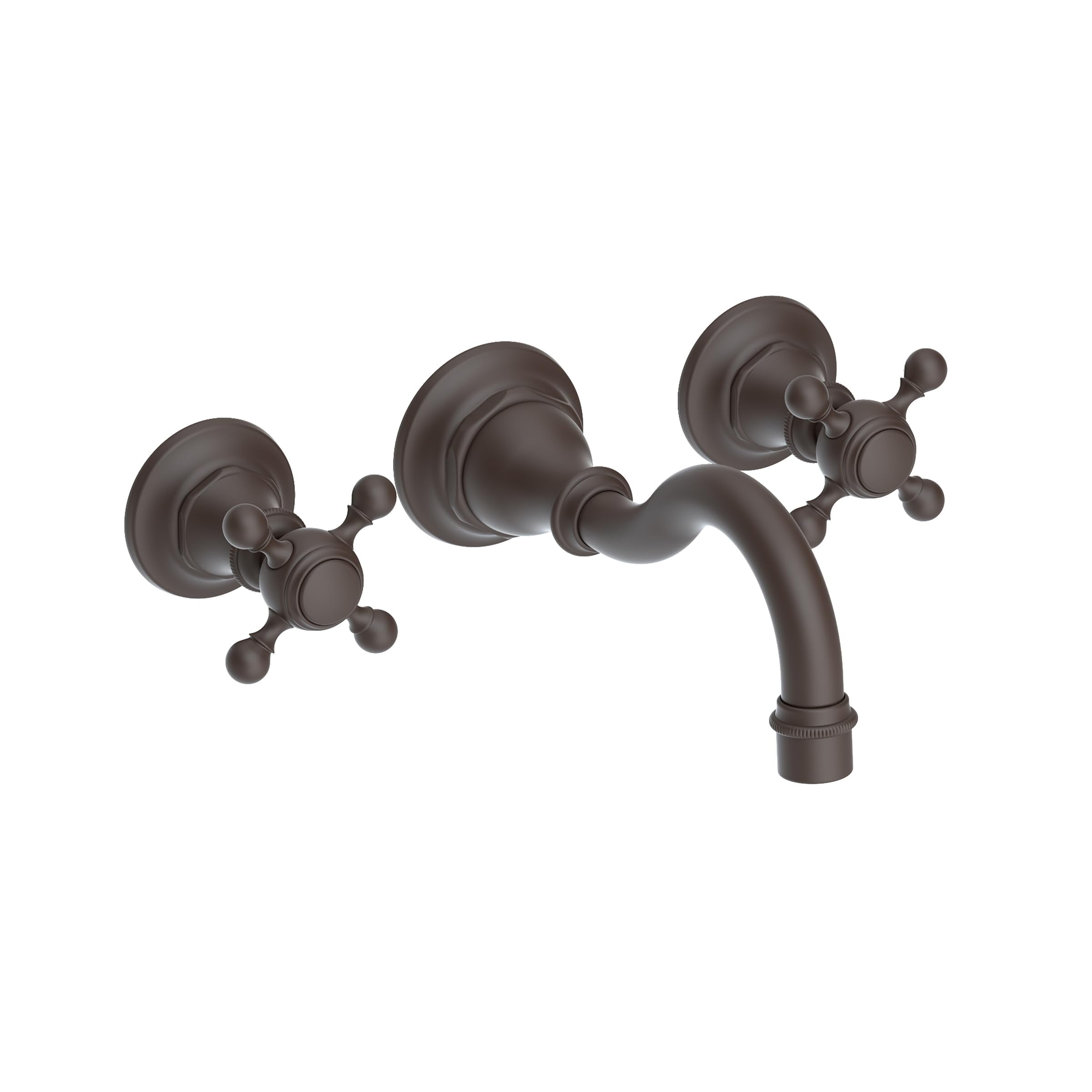 Oil-rubbed bronze wall-mount bathroom faucet with curved spout and cross handles.