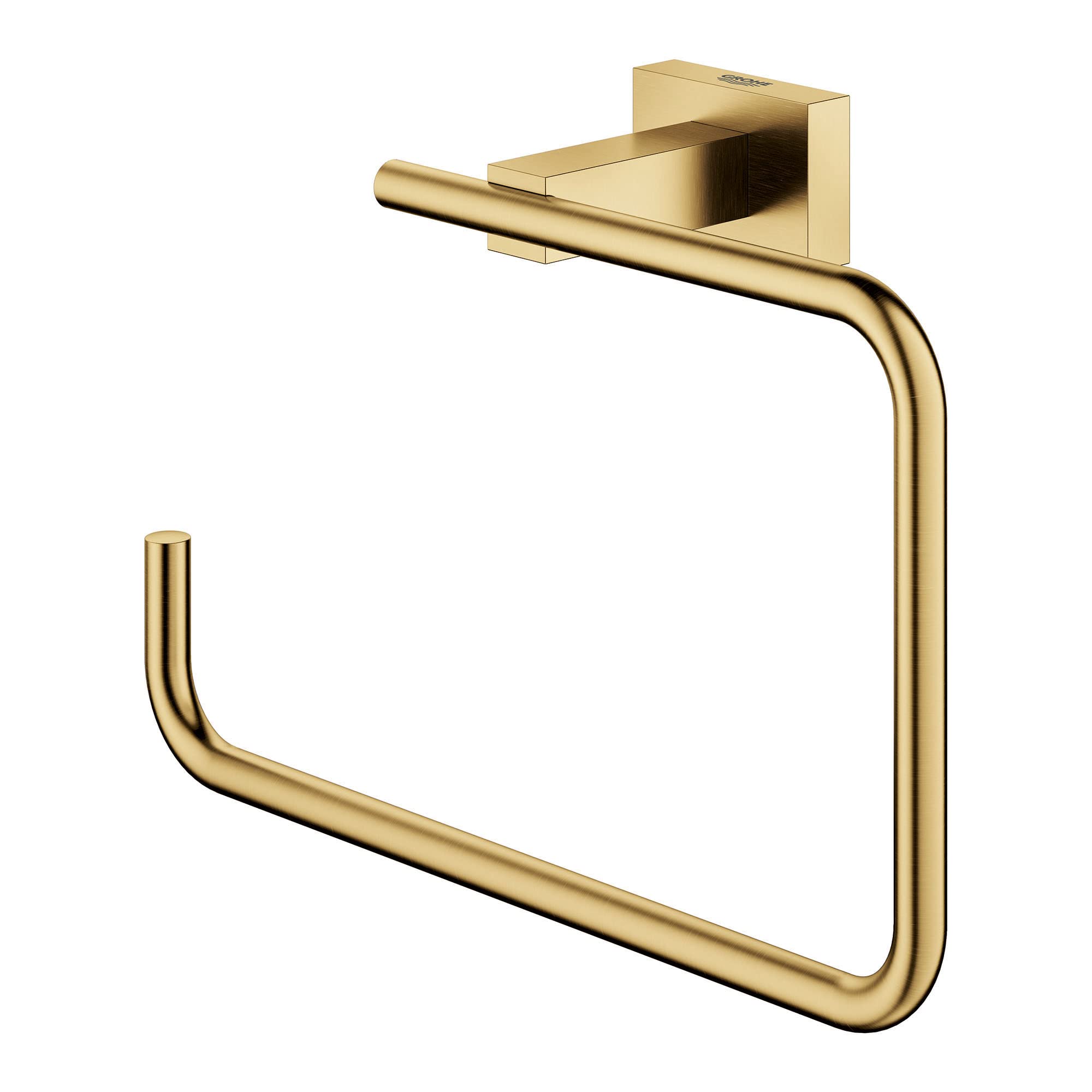 Brushed gold square towel ring with curved rectangular loop mounted on wall bracket.