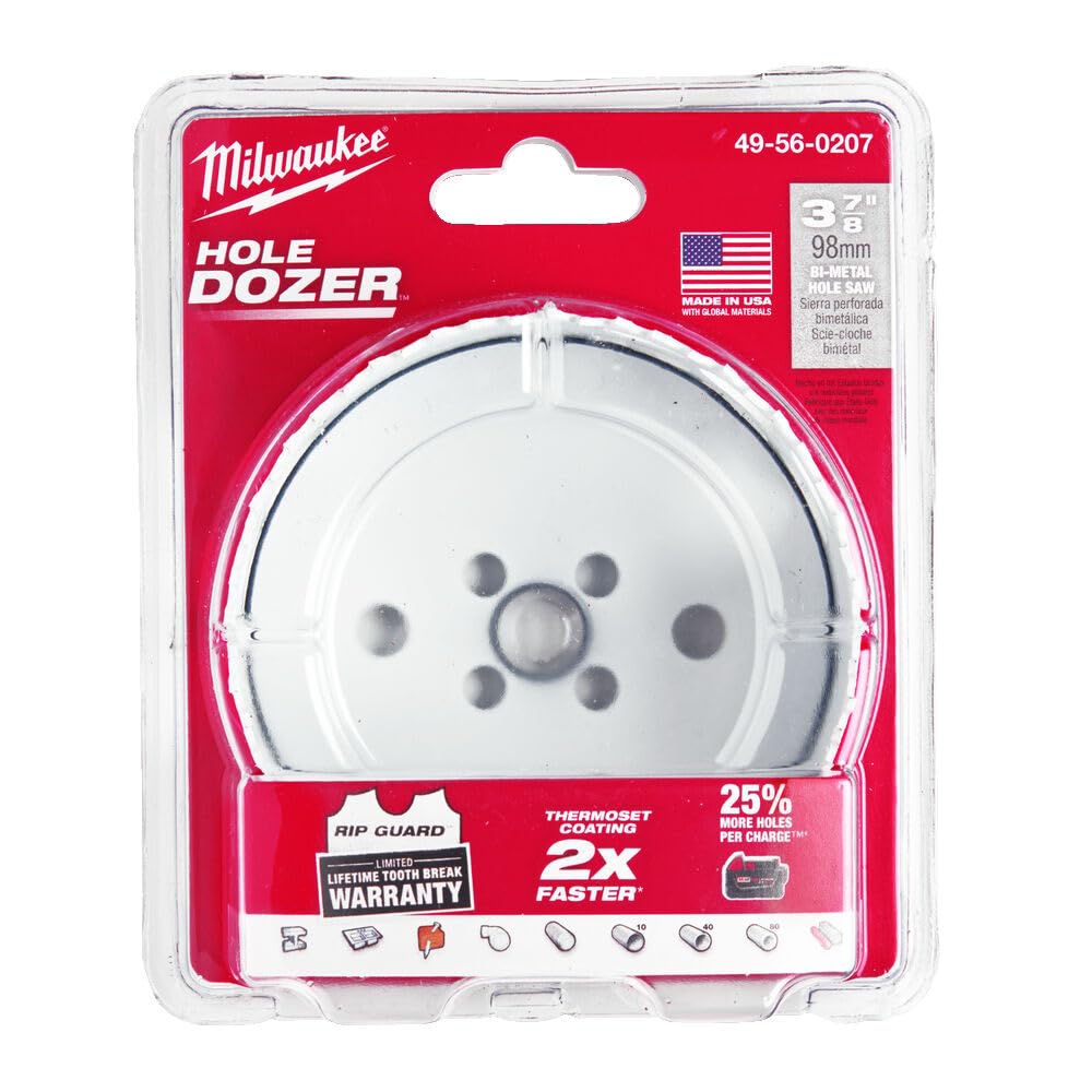 Milwaukee HOLE DOZER bi-metal hole saw, 3-7/8 inch, in clear plastic clamshell packaging with red header card.
