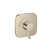 Brushed nickel square shower trim with single lever handle and pressure balance valve control.