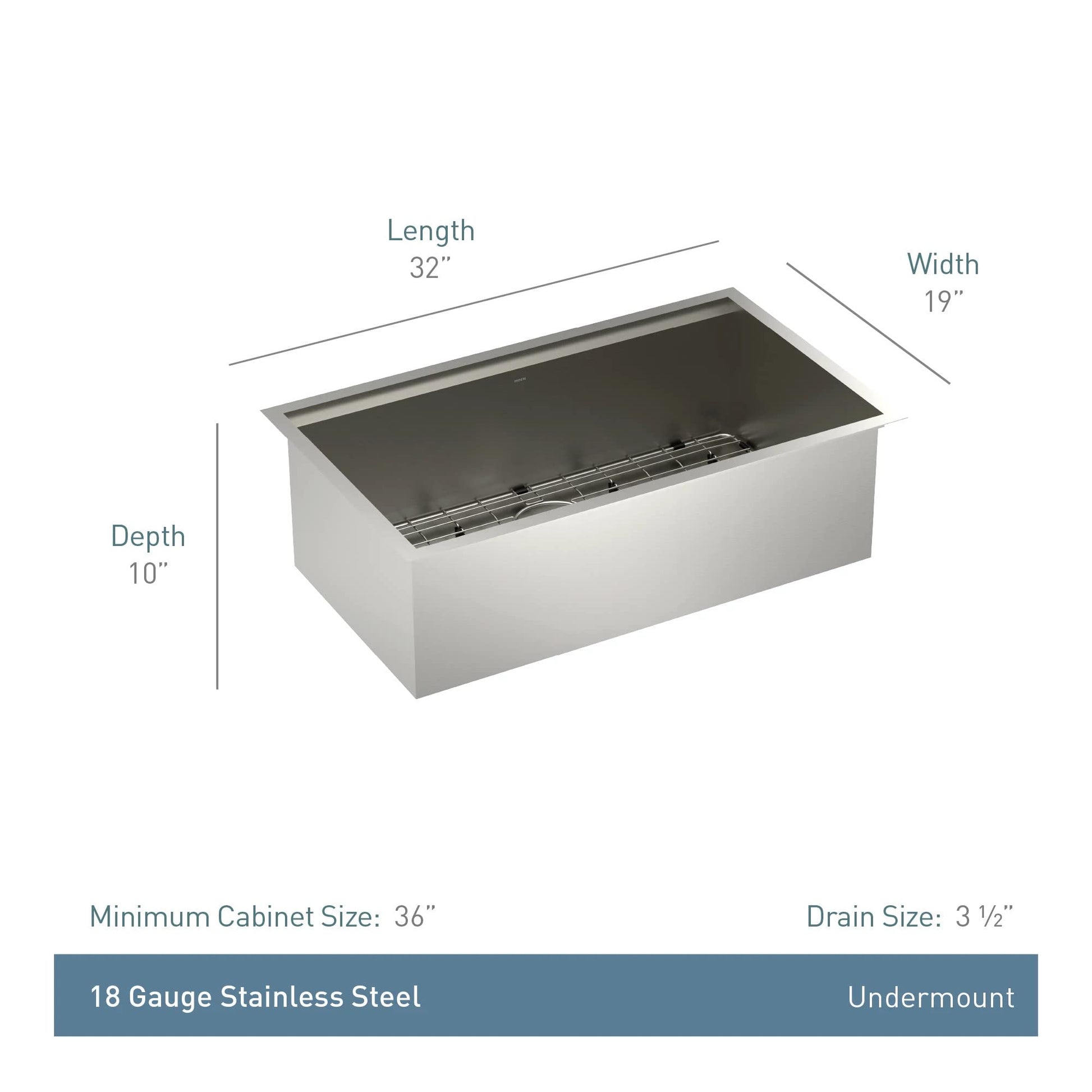 Stainless steel undermount sink bowl with sink grid and drain fixture, 32" x 19" x 10" depth.