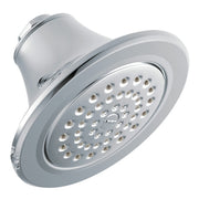 Chrome showerhead with round face, multiple spray holes, and curved arm connection.