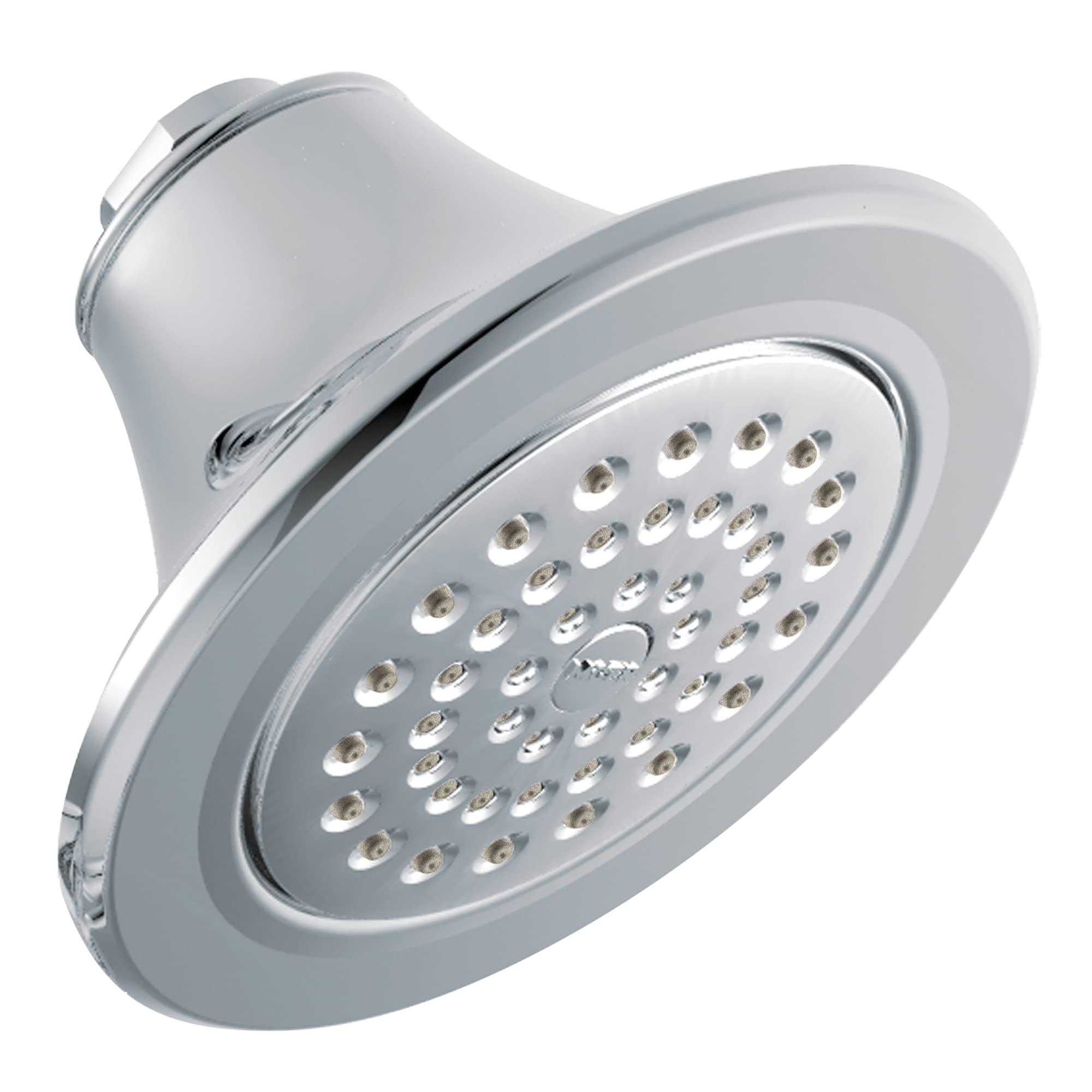 Chrome showerhead with round face, multiple spray holes, and curved arm connection.