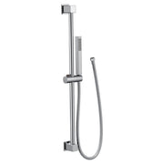 Chrome handheld showerhead with square mounting bracket, vertical slide bar, and flexible hose connection.