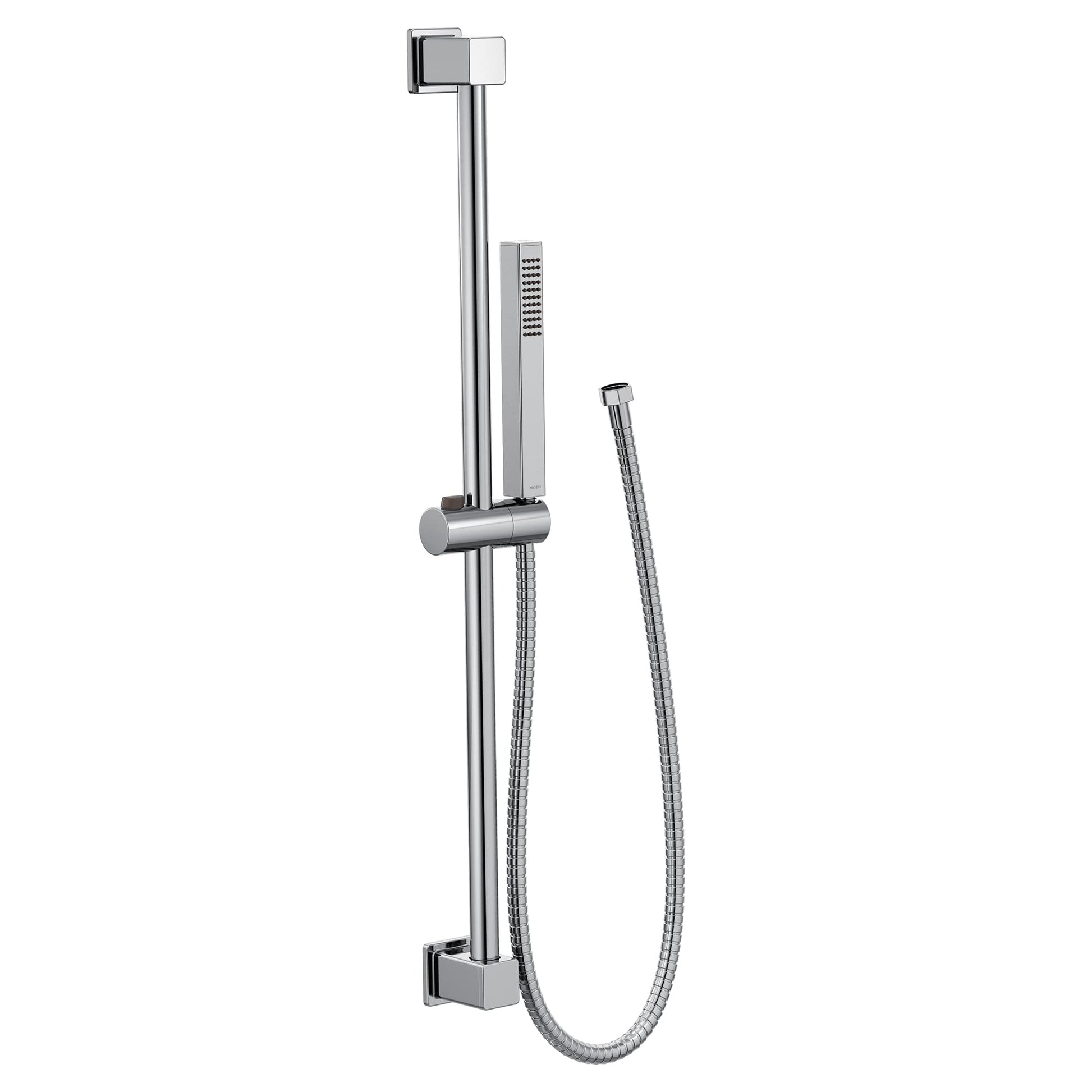Chrome handheld showerhead with square mounting bracket, vertical slide bar, and flexible hose connection.