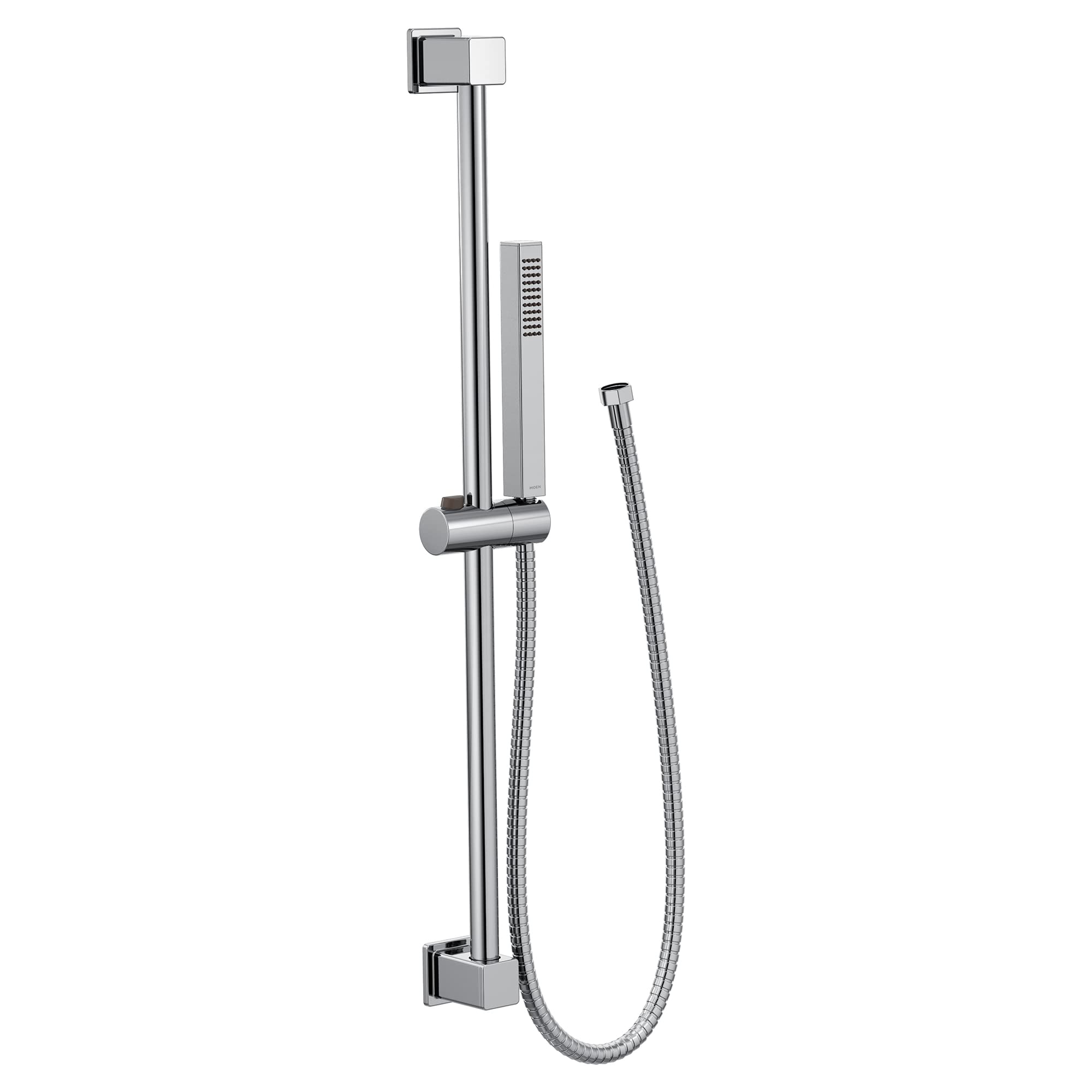 Chrome handheld showerhead with square mounting bracket, vertical slide bar, and flexible hose connection.