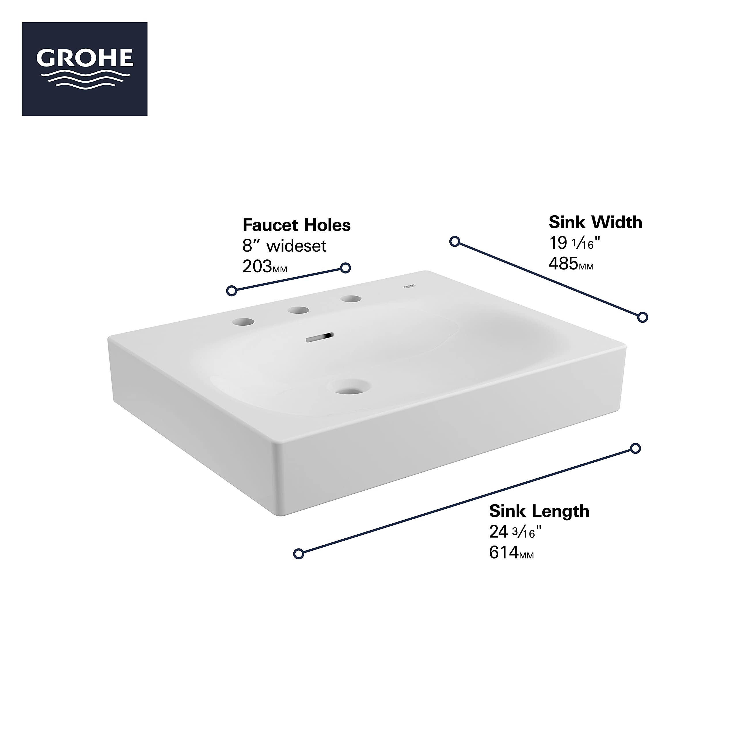 White rectangular wall-mount sink with three faucet holes and dimensions labeled: 24 5/16" length, 19 1/16" width.