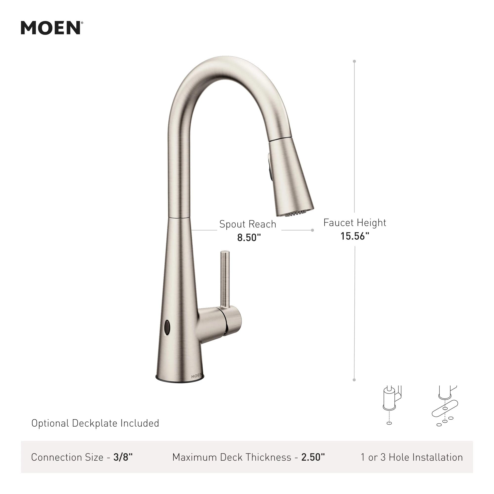 Moen brushed gold touchless kitchen faucet with curved pulldown sprayer and motion sensor, 15.56 inches tall.