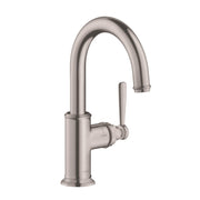 Stainless steel bar faucet with curved spout, single lever handle, and cylindrical base in brushed finish.