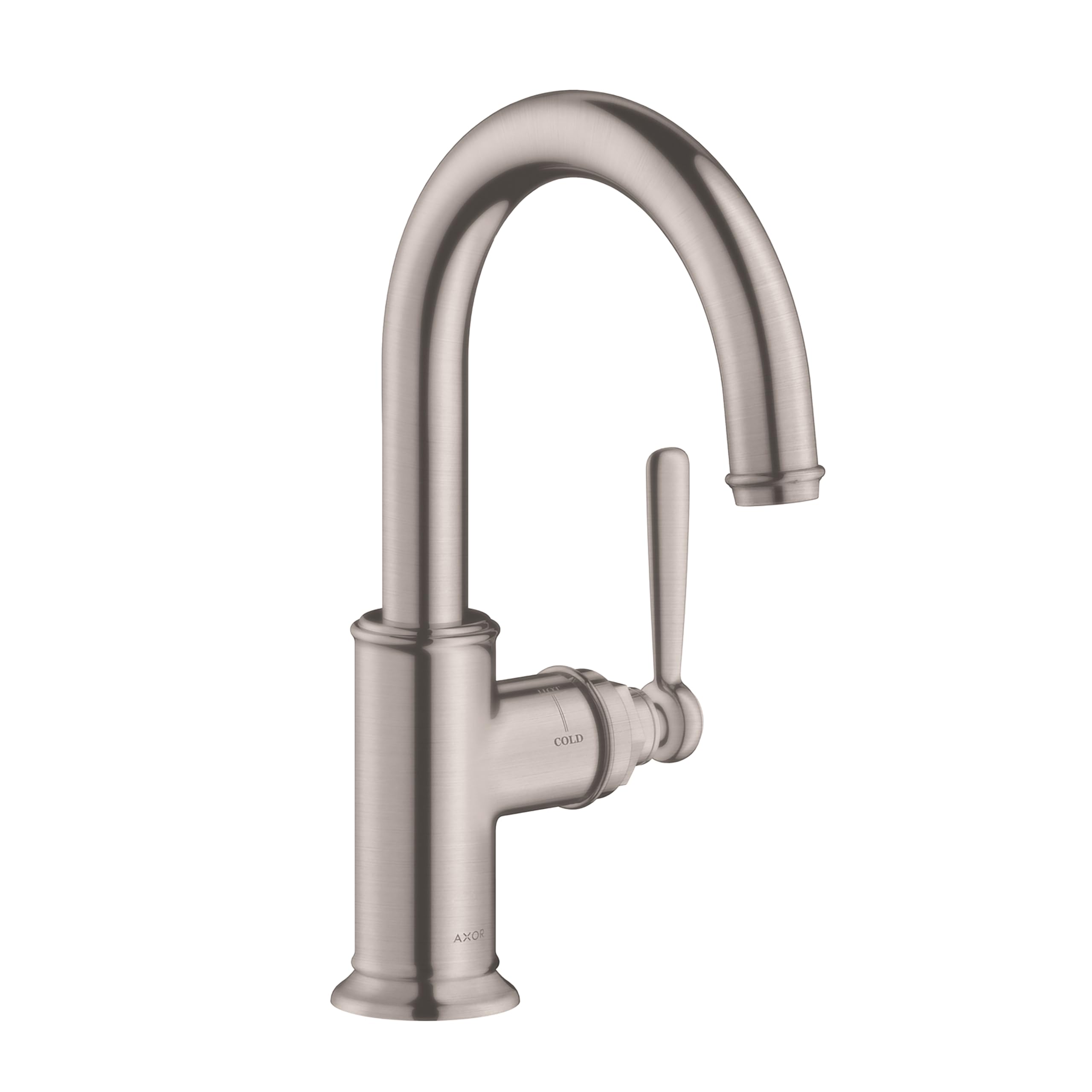 Stainless steel bar faucet with curved spout, single lever handle, and cylindrical base in brushed finish.