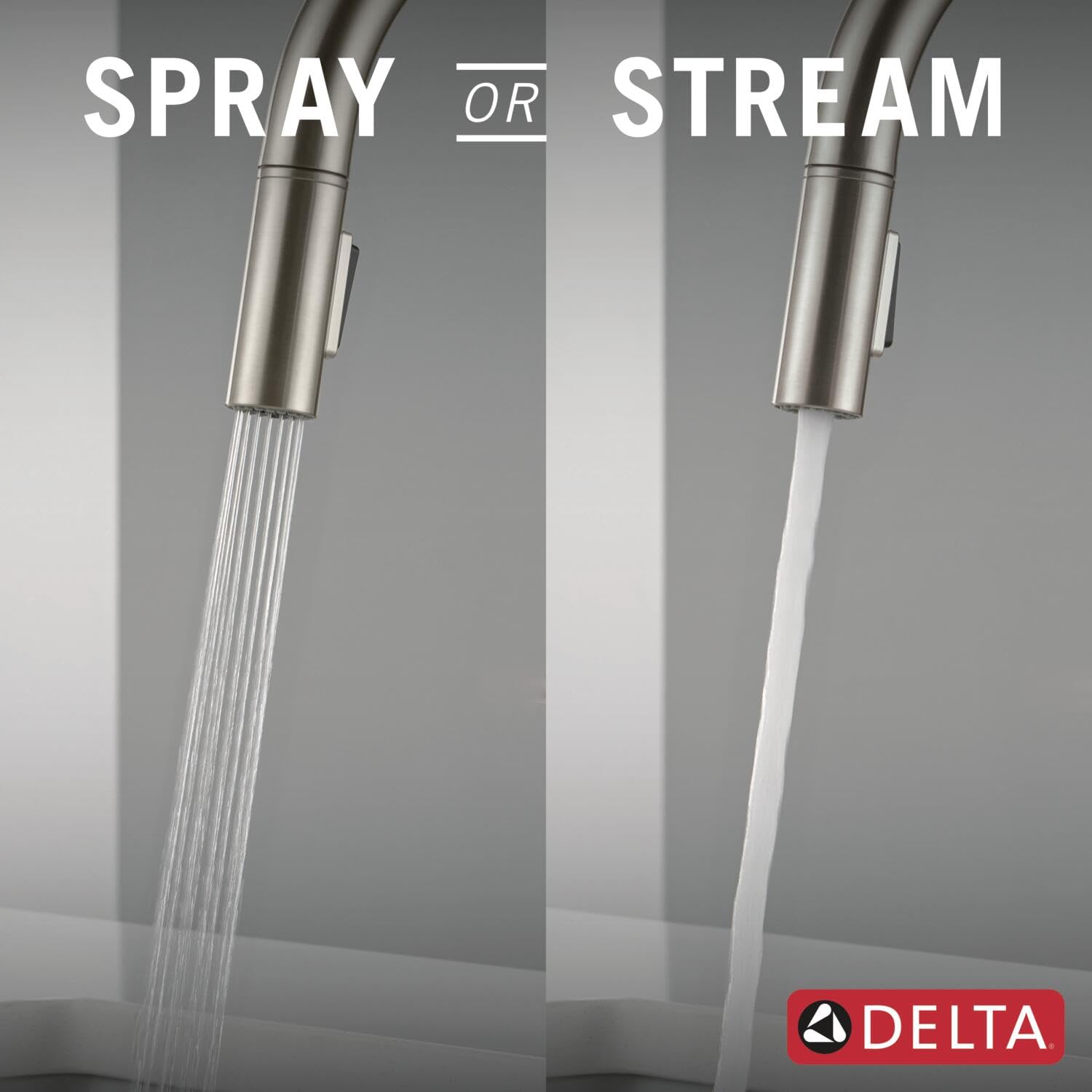 Stainless steel pull-down kitchen faucet with dual spray and stream water modes.