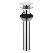 Chrome push drain assembly with overflow feature and removable cap for bathroom sink installation.