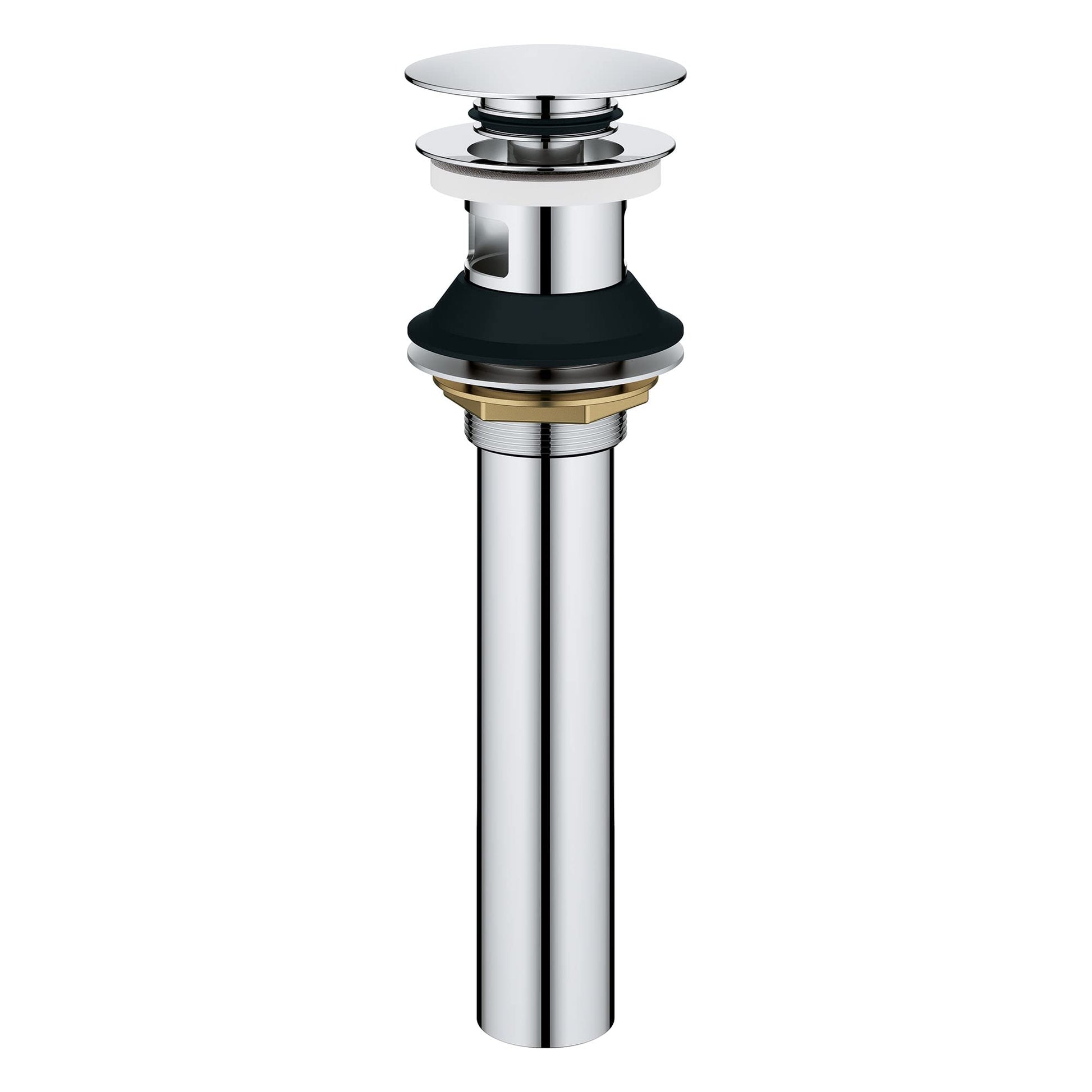 Chrome push drain assembly with overflow feature and removable cap for bathroom sink installation.
