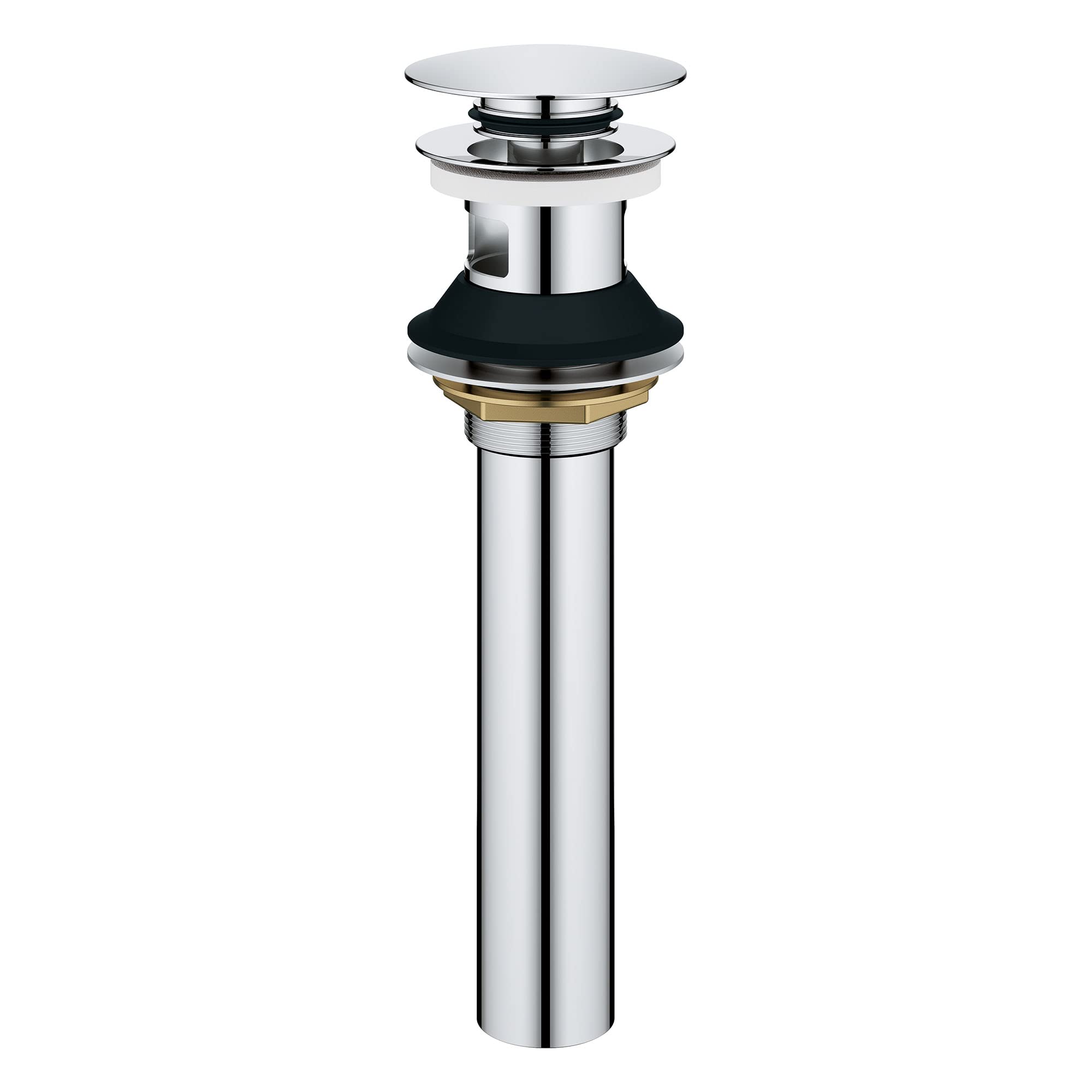Chrome push drain assembly with overflow feature and removable cap for bathroom sink installation.