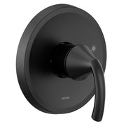 Moen Glyde M CORE matte black single-handle shower trim kit with round escutcheon and lever handle.