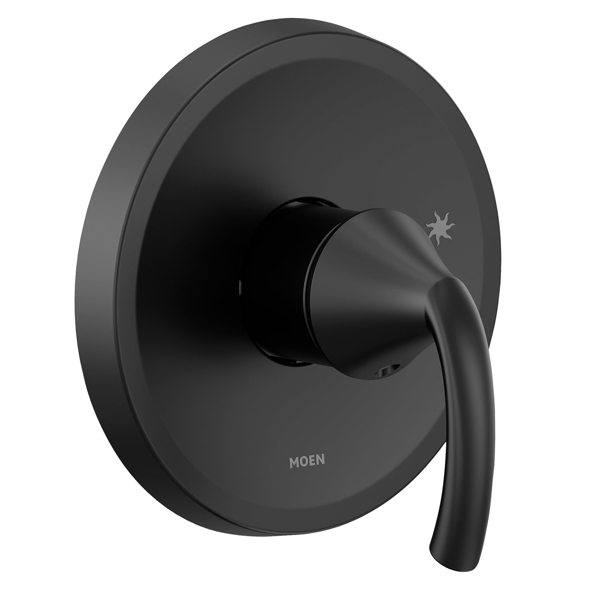 Moen Glyde M CORE matte black single-handle shower trim kit with round escutcheon and lever handle.