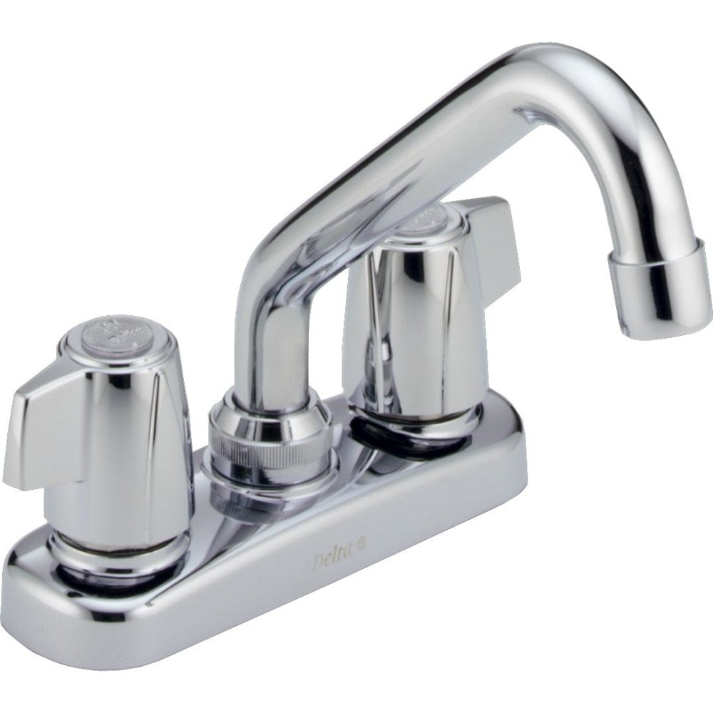 Chrome two-handle laundry faucet with curved spout and blade handles on white base.