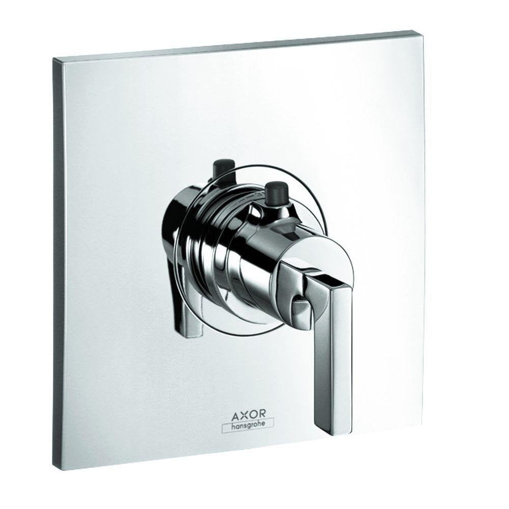 Chrome thermostatic shower trim with single lever handle mounted on white square plate.