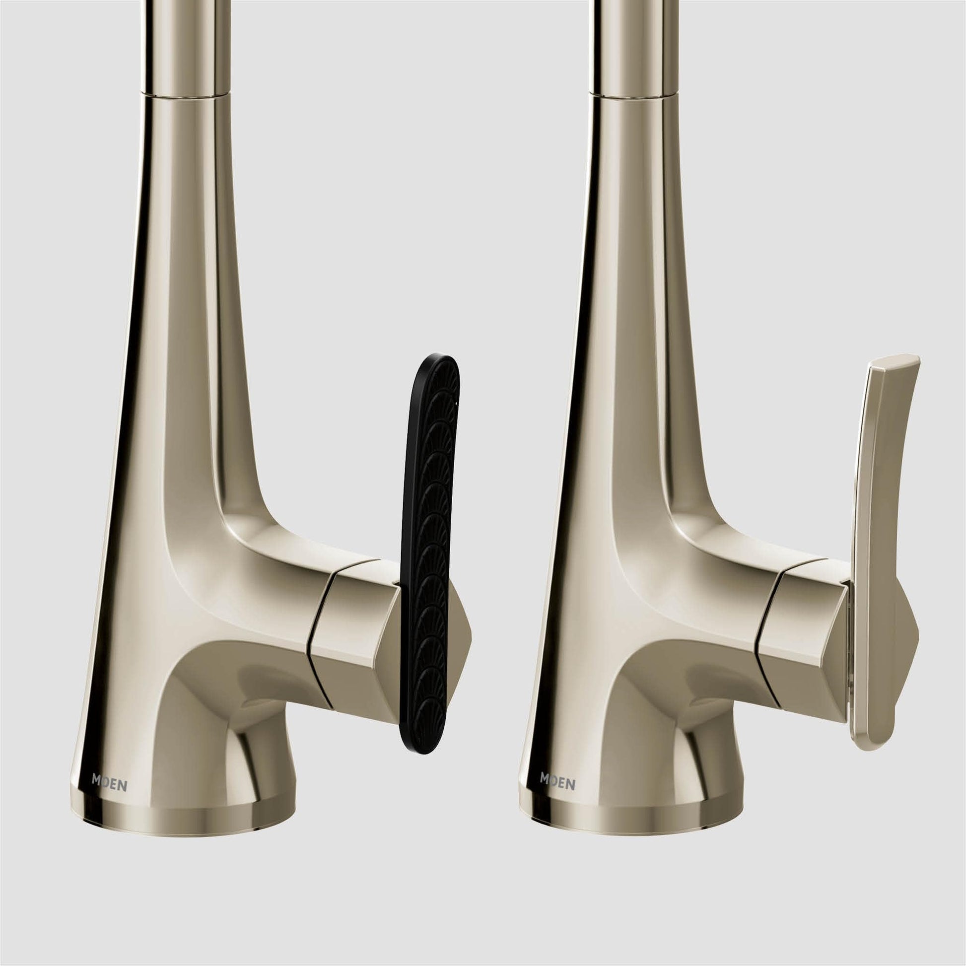 Polished nickel kitchen faucet with high arc spout, pulldown spray head with black trigger, and single lever handle shown in 