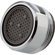 Chrome faucet aerator with honeycomb mesh screen and threaded base for water flow control.