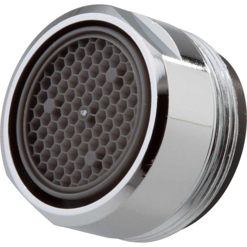 Chrome faucet aerator with honeycomb mesh screen and threaded base for water flow control.