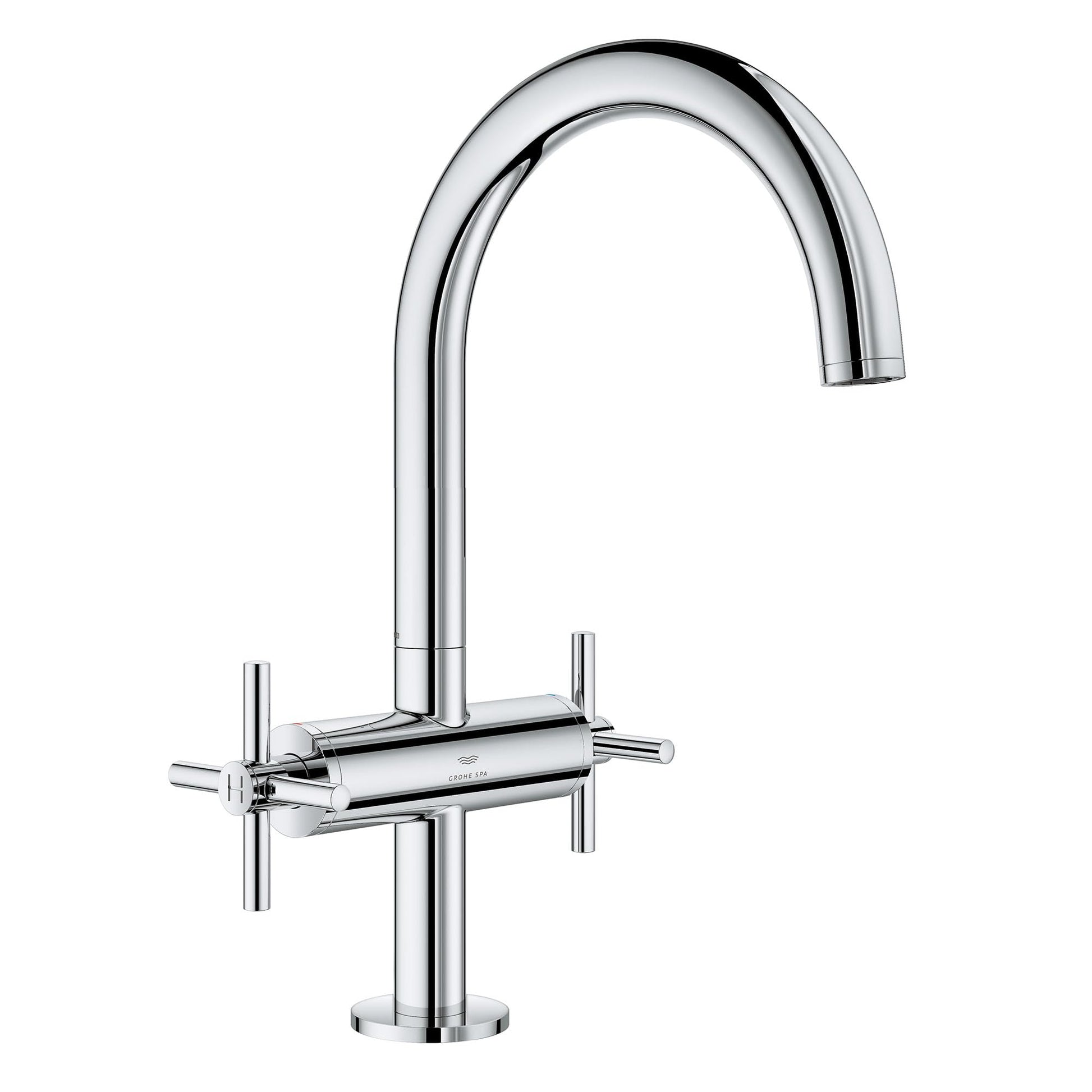 Chrome bathroom faucet with curved spout and two cross-handle controls on round base.