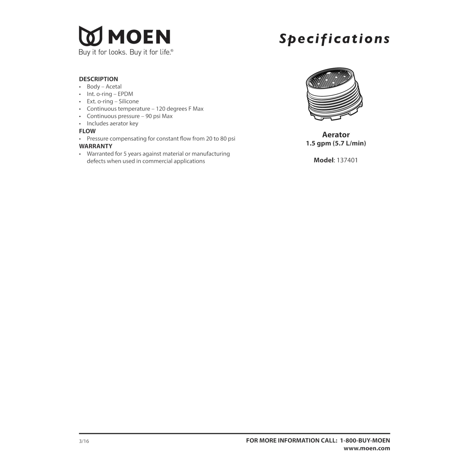 Moen chrome faucet aerator with threaded base, 1.5 gpm flow rate and pressure compensation feature.