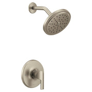 Brushed nickel shower trim kit with single handle lever and round showerhead with perforations.