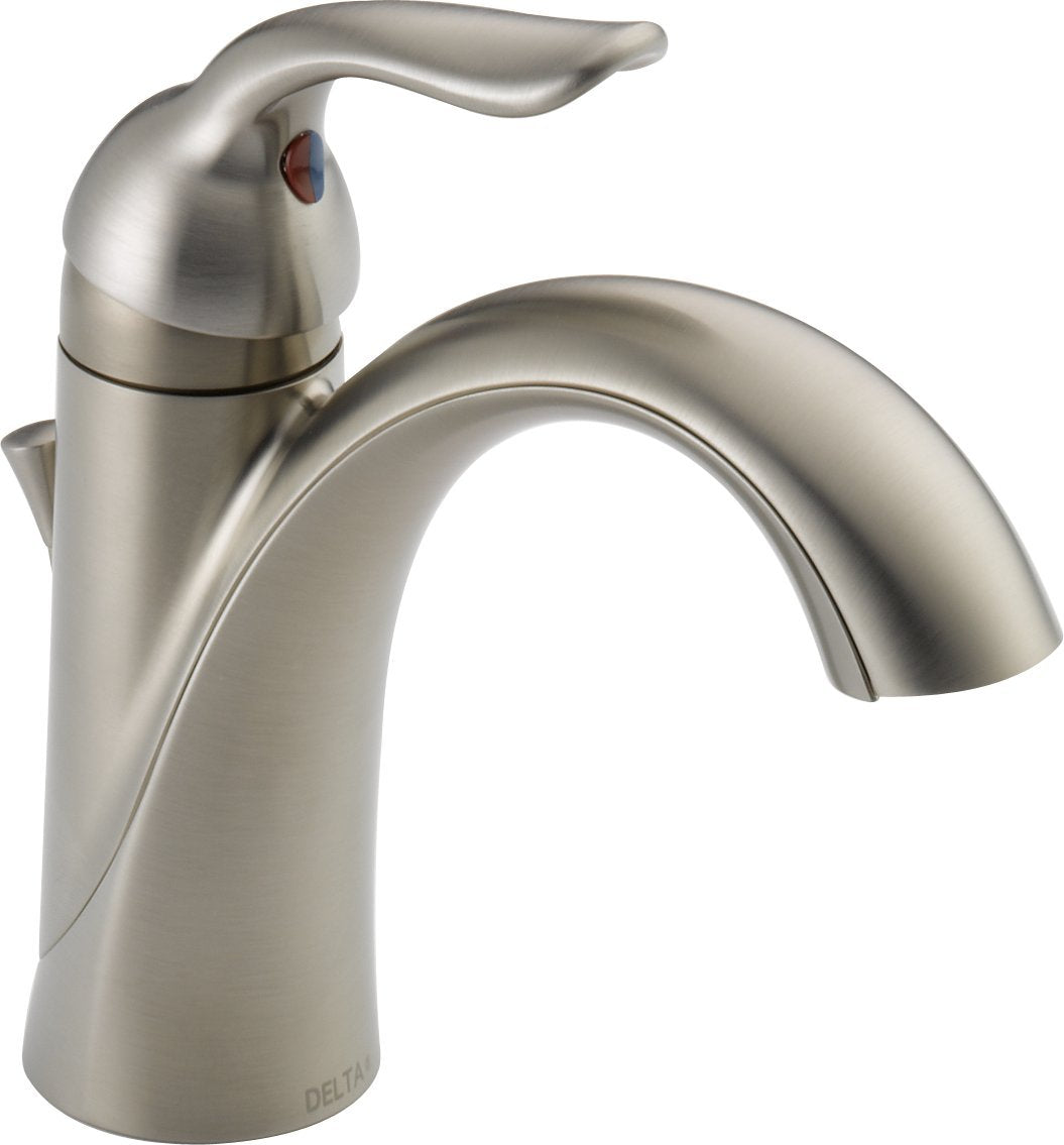 Brushed nickel single-handle bathroom faucet with curved spout and red temperature indicator.