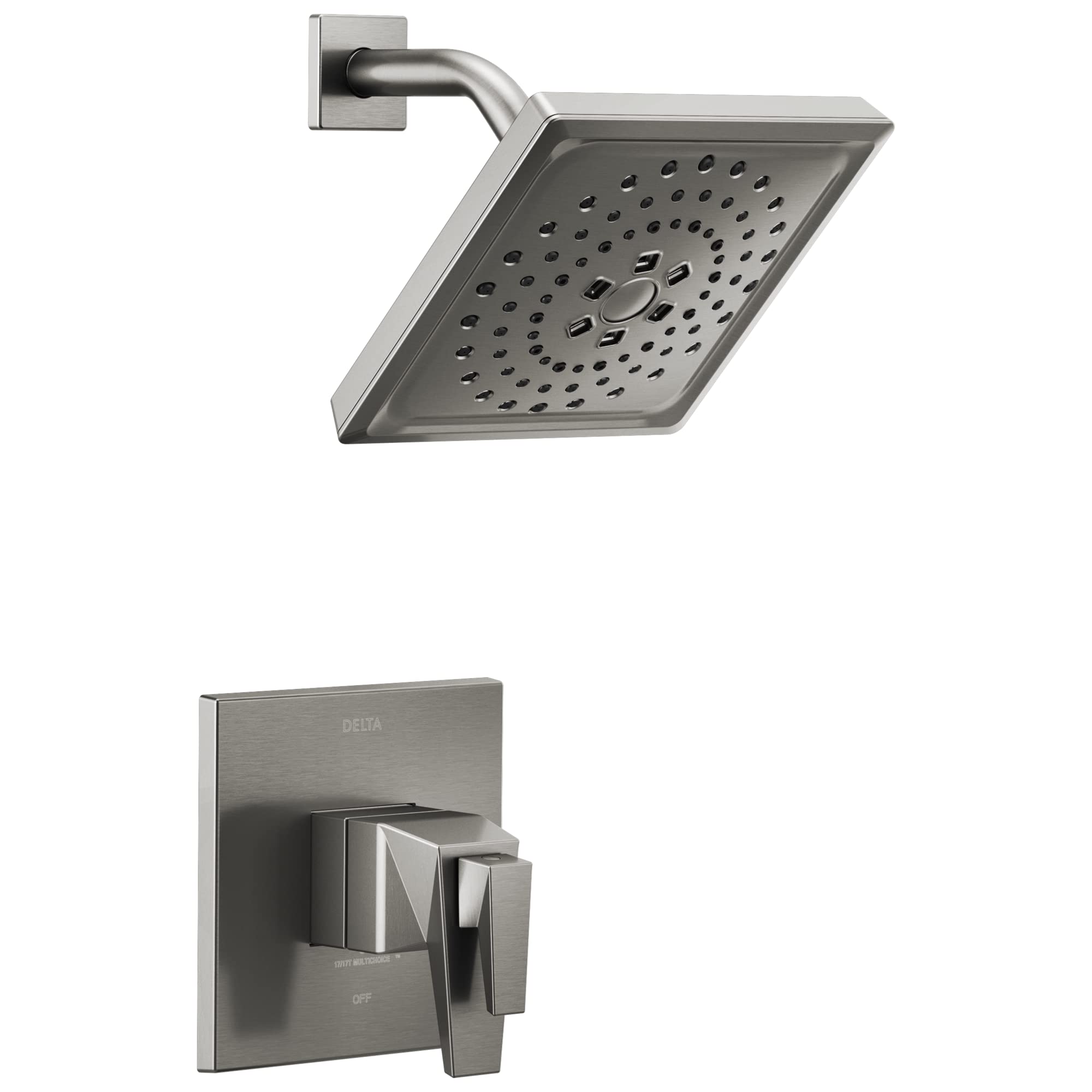 Brushed nickel square shower head with curved arm and matching valve trim with angular handle.