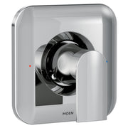 Chrome shower valve trim kit with single lever handle and rounded escutcheon plate, featuring black and chrome internal compo
