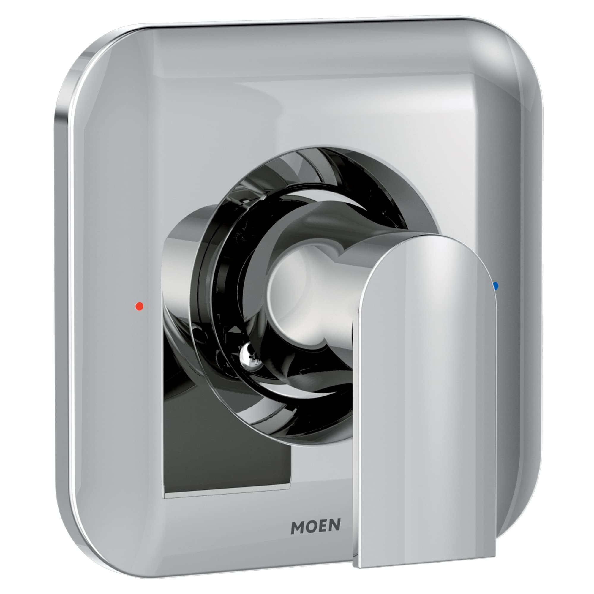 Chrome shower valve trim kit with single lever handle and rounded escutcheon plate, featuring black and chrome internal compo