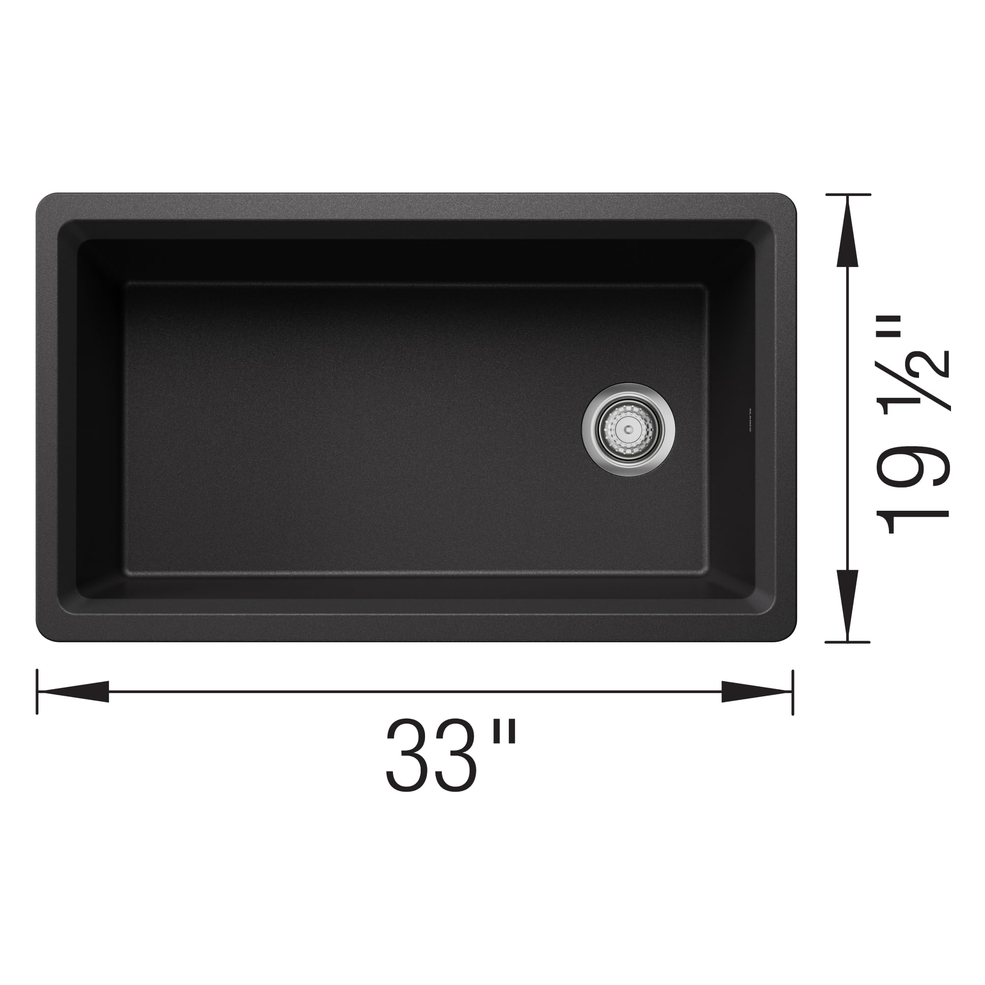 Anthracite single-basin kitchen sink, 33 inches wide with rounded corners and stainless steel drain fitting.