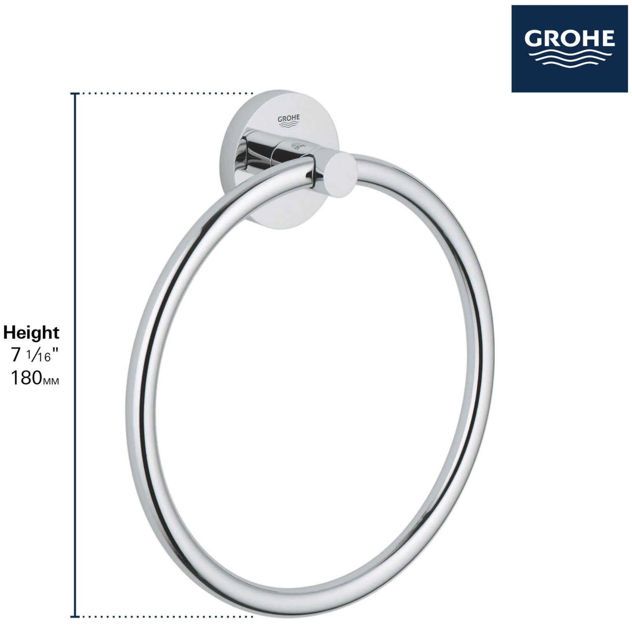 Circular chrome towel ring mounted on round wall plate with measurement dimensions shown.