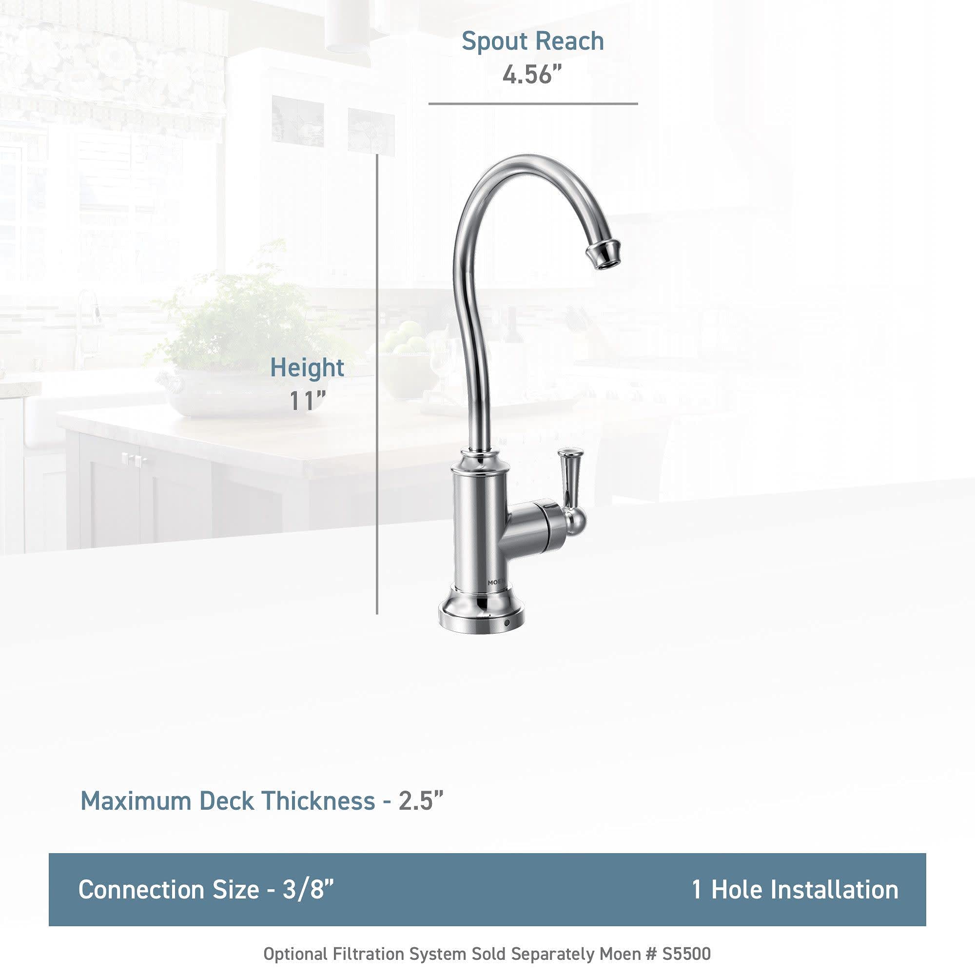 Chrome beverage faucet with curved spout, 11" height, single lever handle on right side, traditional design.